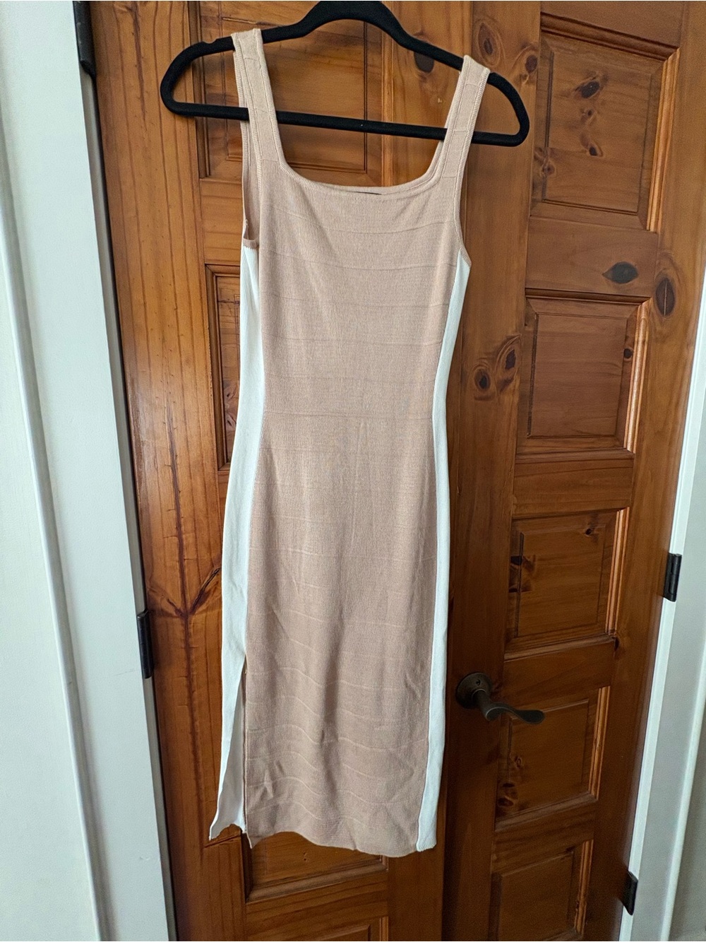 Khaki and white body hugging sweater dress